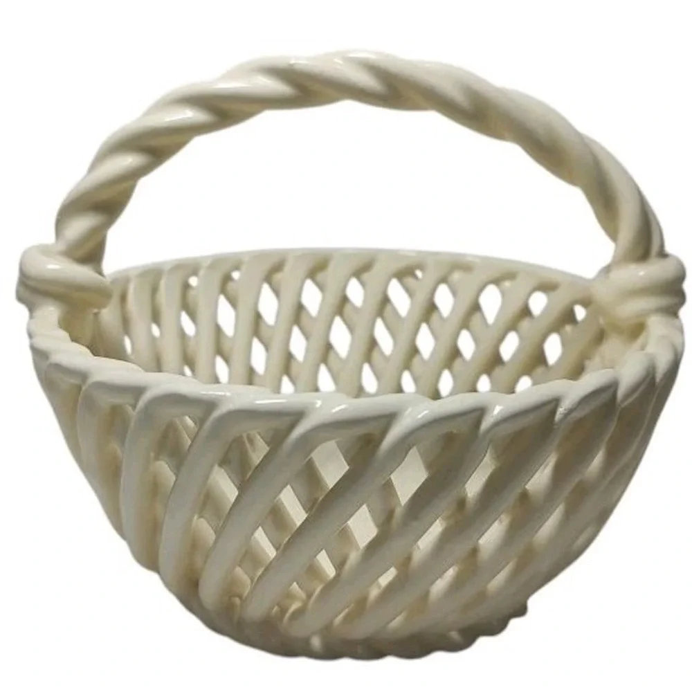 Vintage Woven Glass Basket Weave Twisted Handle Cream Springtime Five Inches SEE